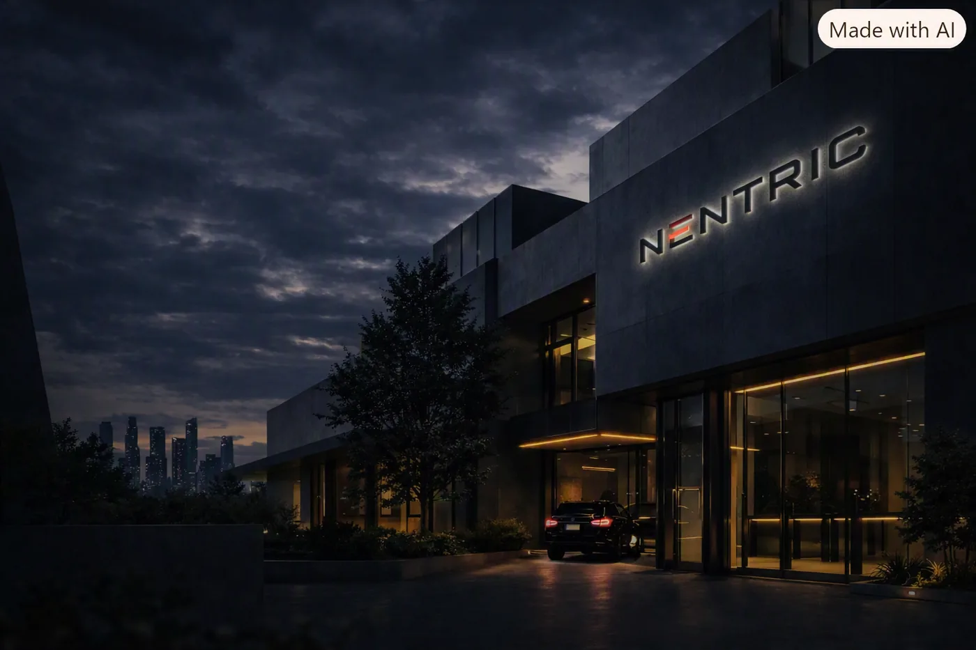 Nentric building at night