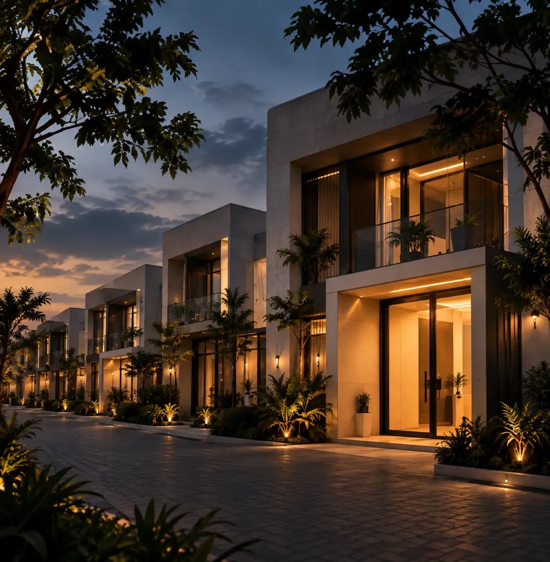 Modern residential home at dusk